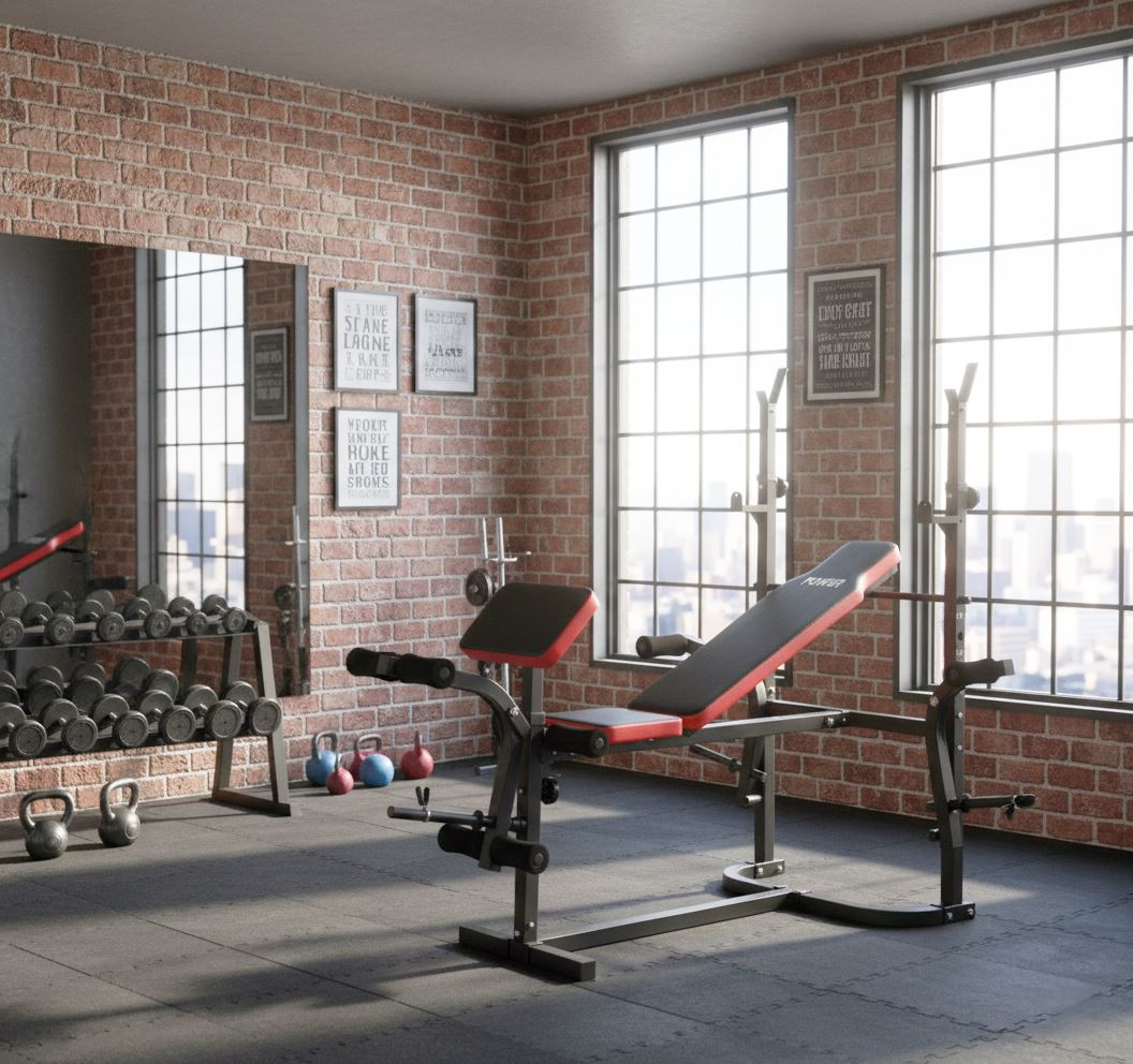 adjustable weight bench with rack, foldable home gym bench, 6 in 1 weight bench, heavy duty workout bench, home strength training equipment, home gym equipment manufacturer