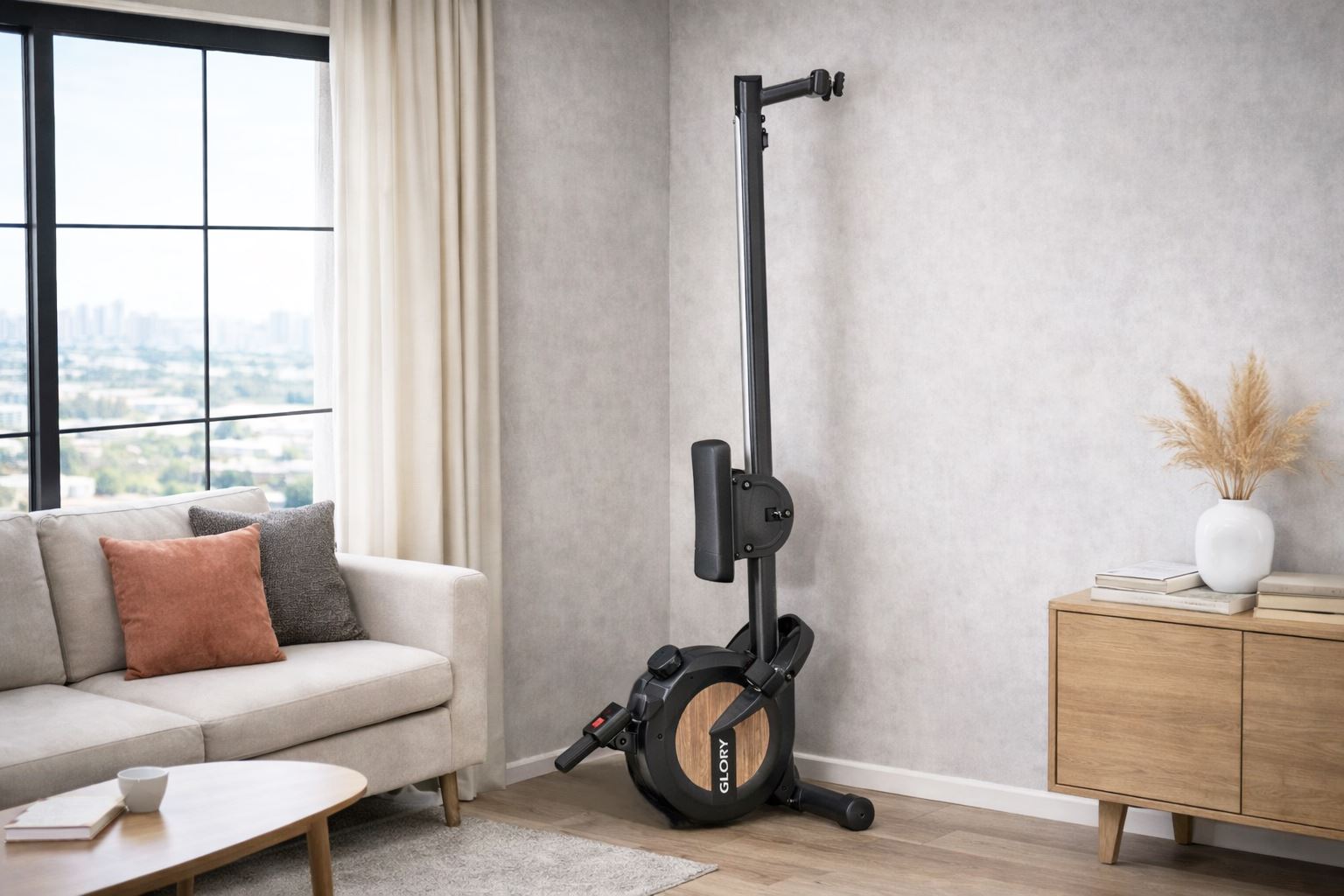 	Rowing Machine manufacturer GLORY FITNESS with 8 levels tension for full Body, Upright design against the wall for storage